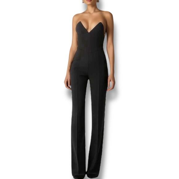 House Of CB Sz XS Lucille Strapless Jumpsuit Black Crepe‎ Structured Eveningwear - Picture 1 of 9